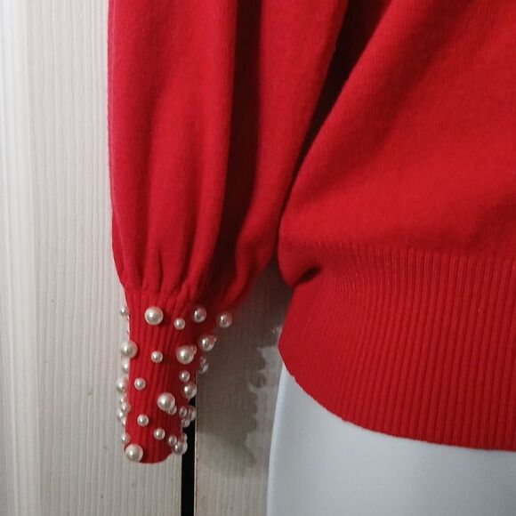 Ontwelfth red holiday with faux pearl neckline and cuffs  Sz M EUC holiday party - Picture 3 of 8